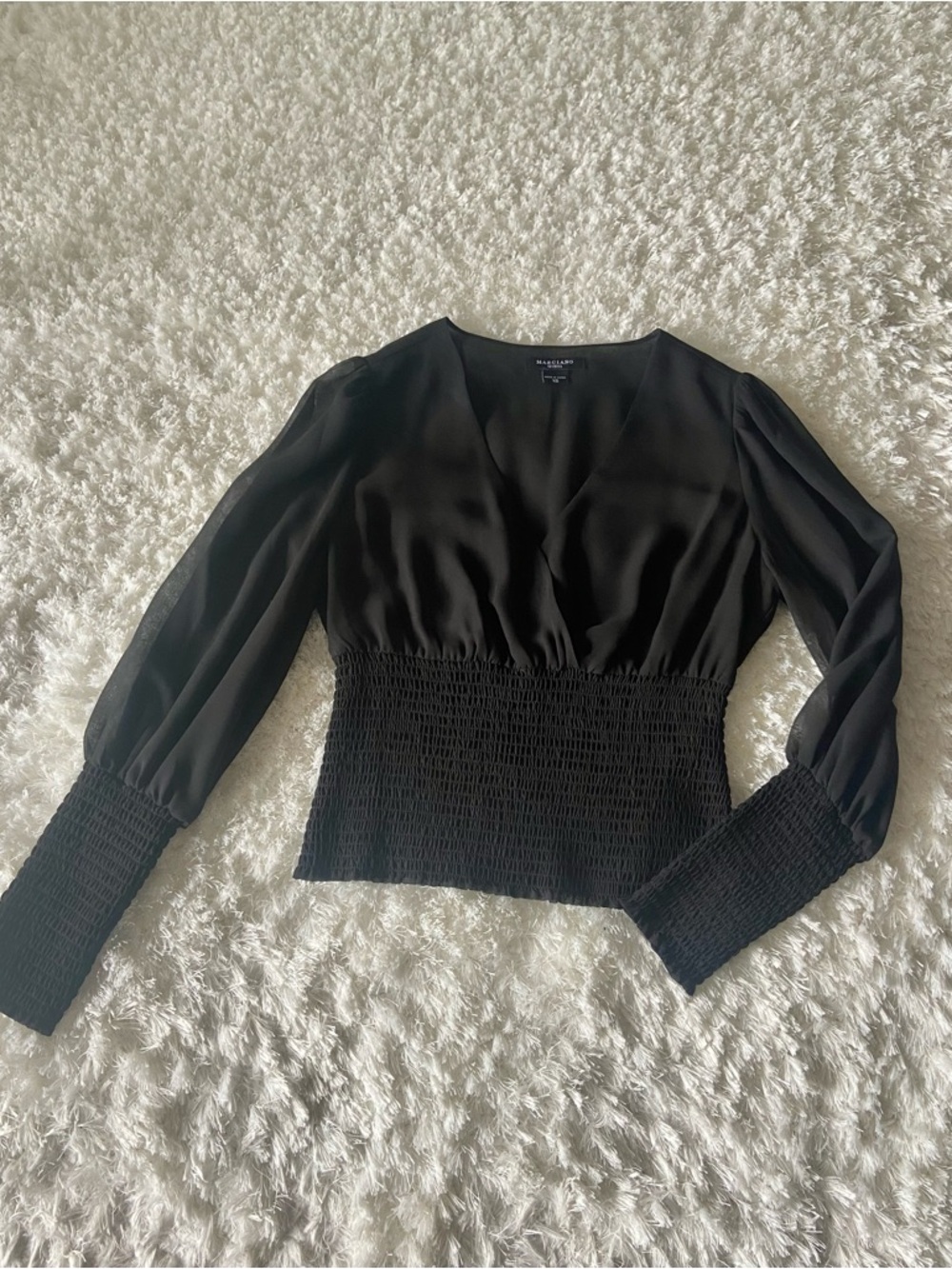 Marciano Black V-Neck Smocked Waist Long-Sleeve Blouse